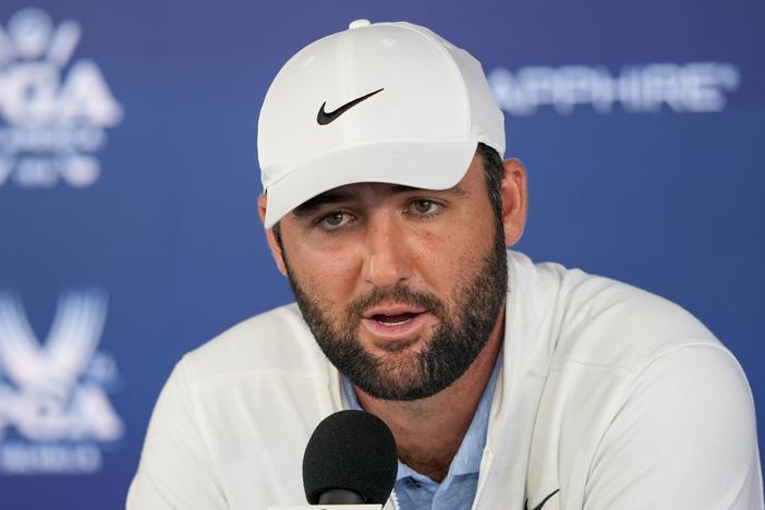 Scottie Scheffler speaks during a news conference  after the second round of the PGA Championship golf tournament at the Valhalla Golf Club, in Louisville, Ky., on May 17. Criminal charges against Scheffler have been dismissed.