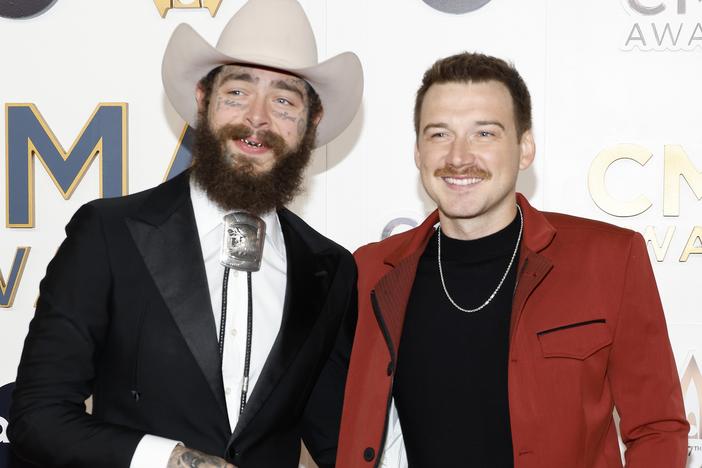 Post Malone (left) and Morgan Wallen on the red carpet at the 57th Annual CMA Awards on November 8, 2023 in Nashville, Tenn.
