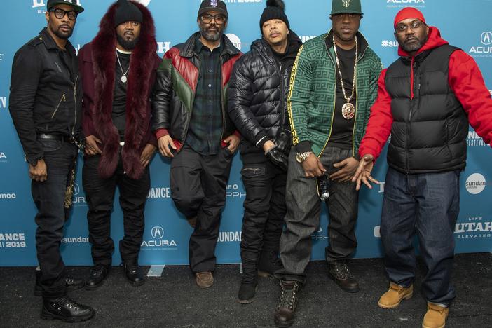 From left, Wu-Tang Clan members RZA, Ghostface Killah, director Sacha Jenkins and Wu-Tang Clan members U-God, Cappadonna and Masta Killa pose at the premiere of "Wu-Tang Clan: Of Mics and Men" during the 2019 Sundance Film Festival on Jan. 28, 2019, in Park City, Utah.