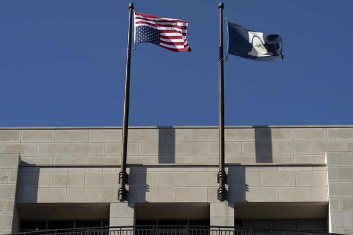 An American flag is seen upside down at the conservative Heritage Foundation in Washington, D.C., on Friday.