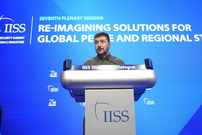 Ukraine's President Volodymyr Zelenskyy speaks during the 21st Shangri-La Dialogue summit at the Shangri-La Hotel in Singapore, Sunday, June 2, 2024. 