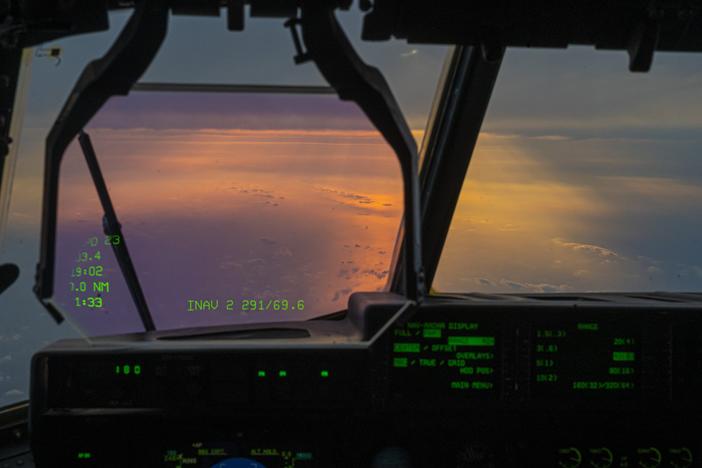 The view from the cockpit during a Hurricane Hunter training flight over the Gulf of Mexcio out of Keesler Air Force Base in Biloxi, Miss., on May 28, 2024. 