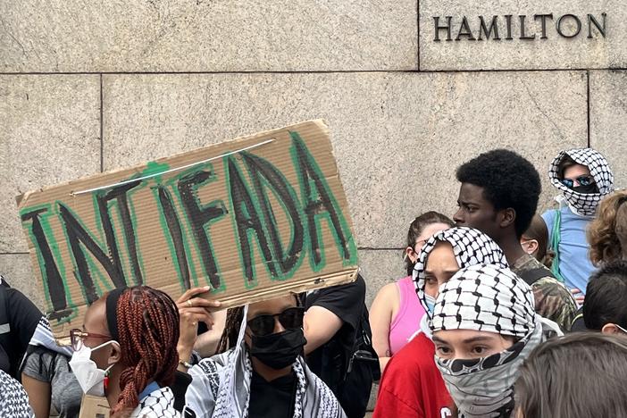 A pro-Palestinian protester at Columbia University in early May. Chants calling for "intifada" have become central at many demonstrations against the war in Gaza and the Israeli occupation of the Palestinian territories.