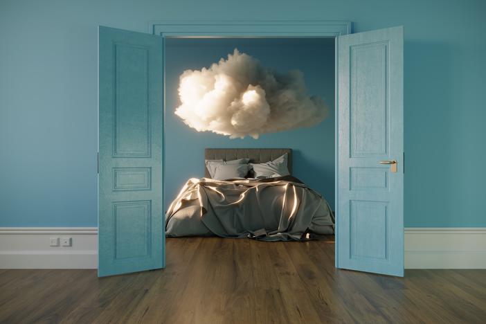 An abstract 3d cloud model in the bedroom. (3d render)