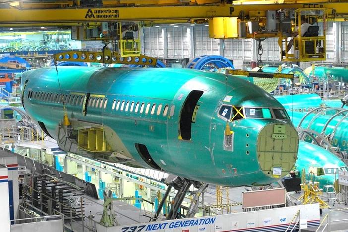 The unfinished fuselage of a Boeing 737 at the Spirit AeroSystems factory in Wichita, Kan.  