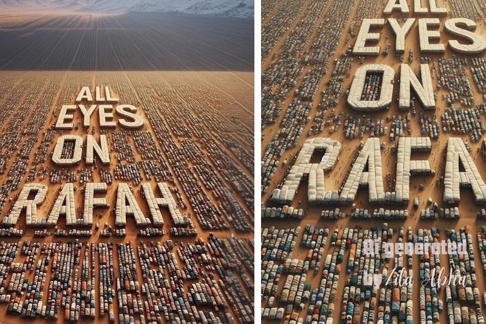The image on the right was generated by Zila Abka in February. She says she created it with Microsoft’s Image Creator. On the left is the viral image that Amirul Shah said he created also using an AI image generator tool.