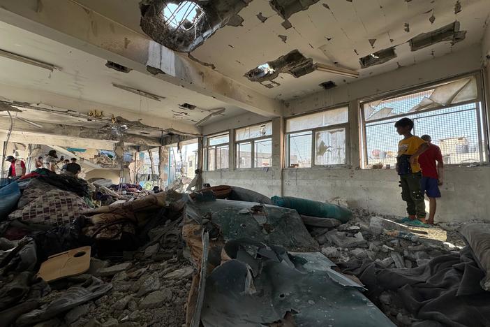 The aftermath of an Israeli strike on a U.N. school compound in Nuseirat, in the central Gaza Strip, that killed more than 30 people, including children, according to a Gaza hospital director. Israel said it was targeting Hamas and Islamic Jihad operatives hiding in two school classrooms.