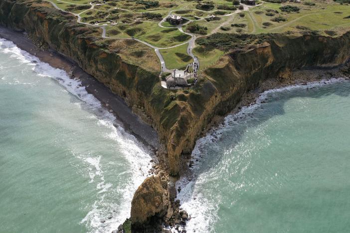 An aerial view of Pointe du Hoc, a clifftop in Cricqueville-en-Bessin, on the French western Norman coast, taken in October 2018.