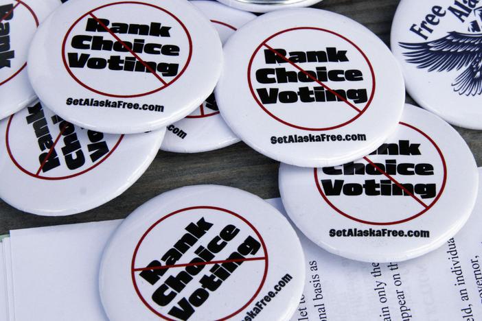 Five Republican-led states have banned ranked choice voting in recent months. Voters in other states, including Missouri, could ban the system later this year. Here, anti-ranked choice voting buttons are seen in Alaska. 