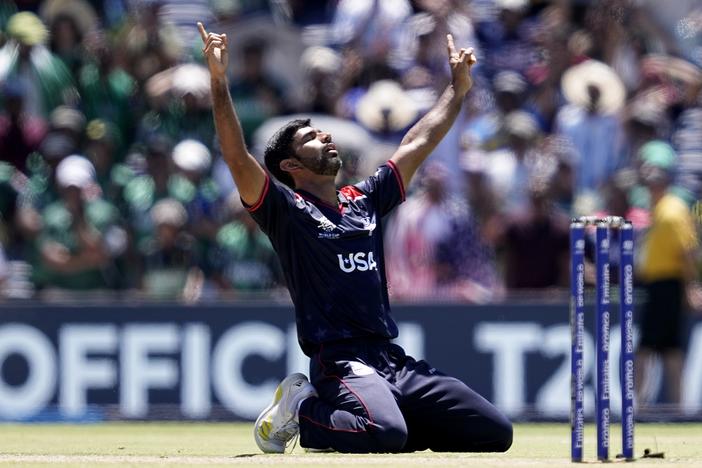 United States' Saurabh Nethralvakar celebrates after the team's win in the ICC Men's T20 World Cup cricket match against Pakistan at the Grand Prairie Stadium in Grand Prairie, Texas, on Thursday.
