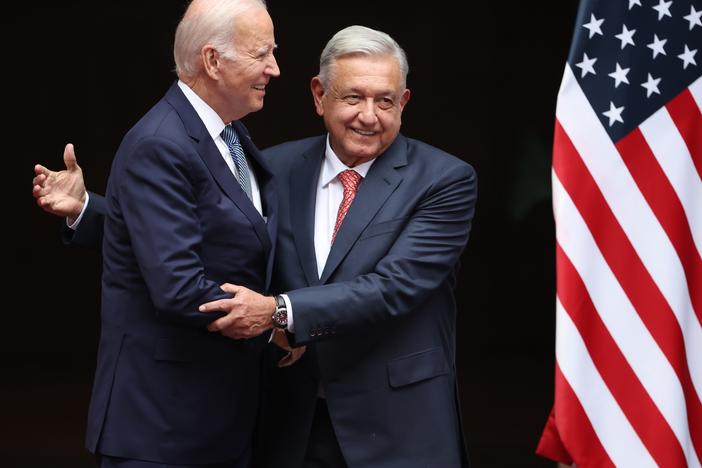  U.S. President Joe Biden greets President of Mexico Andres Manuel Lopez Obrador during a welcome ceremony as part of the '2023 North American Leaders' Summit at Palacio Nacional on January 09, 2023 in Mexico City, Mexico. <br/>