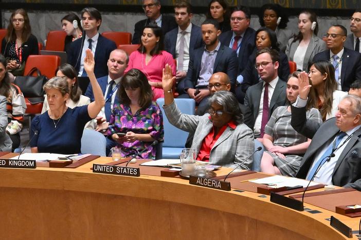 U.S. Ambassador to the United Nations Linda Thomas-Greenfield (center) votes during a U.N. Security Council meeting on the situation in the Middle East at U.N. headquarters on Monday. The Security Council adopted a U.S.-drafted resolution supporting a cease-fire plan in Gaza.