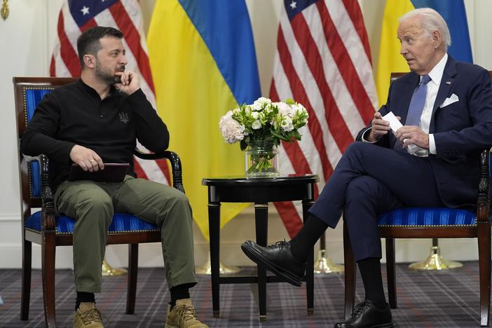 President Biden meets with Ukrainian President Volodymyr Zelenskyy in Paris on June 7. Biden announced another $225 million in weapons for Ukraine, part of the recently approved package of $60 billion in military assistance.