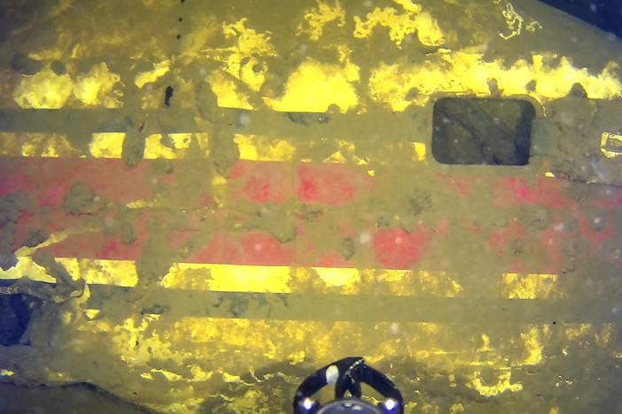 In this May 2024 image provided by Garry Kozak, remains of what experts believe to be is a 10-seat Jet Commander aircraft that disappeared in 1971 rest on the floor of Lake Champlain off Juniper Island, Vt.