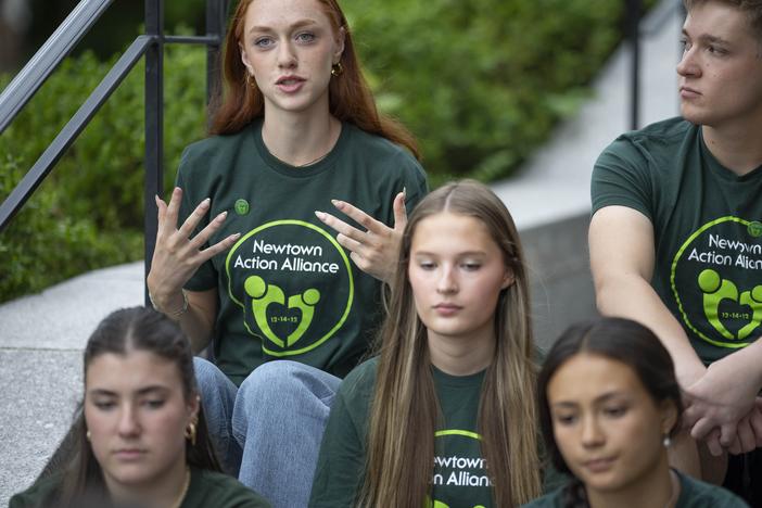 Ella Seaver shares her thoughts on high school graduation with other survivors of the 2012 Sandy Hook Elementary School shooting before a rally against gun violence on Friday, June 7, 2024, in Newtown, Conn.