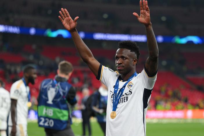 Vinicius Junior of Real Madrid acknowledges fans as he celebrates Real Madrid defeating Borussia Dortmund during the UEFA Champions League 2023/24 Final at Wembley Stadium on June 1. The Brazilian star was the target of racist chants last year -- an incident that sparked international outrage and has now resulted in prison terms. 