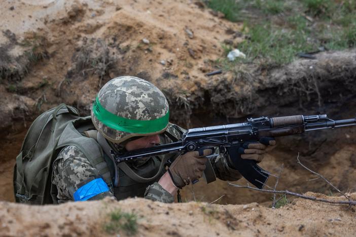 A Ukrainian soldier takes part in a military training with French troops at a military training compound in Poland on April 4.