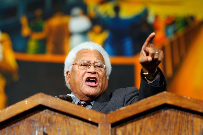 The Rev. James Lawson, an architect of the Civil Rights Movement who preached nonviolent protest, has died. He's shown here speaking to union workers in 2011 on the anniversary of Dr. Martin Luther King Jr.'s assassination. 