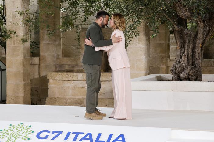 Ukraine's President Volodymyr Zelenskyy is welcomed by Italy's Prime Minister Giorgia Meloni at the G7 Summit on June 13. 