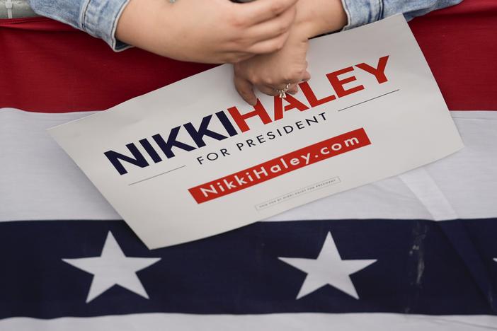 A supporter holds a sign during a rally for former Republican presidential candidate and former U.N. Ambassador Nikki Haley on Feb. 16 in San Antonio.