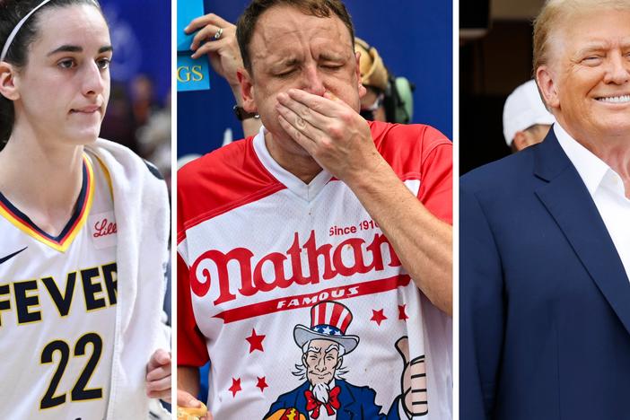  From left: Caitlin Clark, Joey Chestnut and Donald Trump