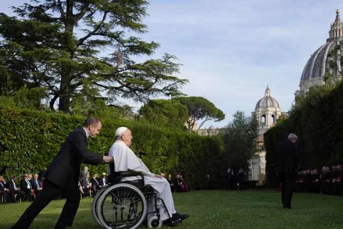 Pope Francis leaves evening prayers in the Vatican Gardens on June 7. The pope will meet this week with G7 leaders to talk about the ethics of artificial intelligence.