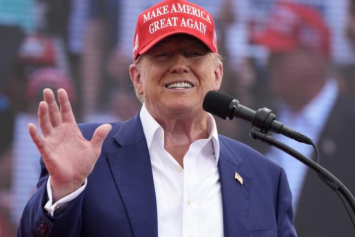 Republican presidential candidate, former President Donald Trump speaks at a campaign rally Sunday in Las Vegas.