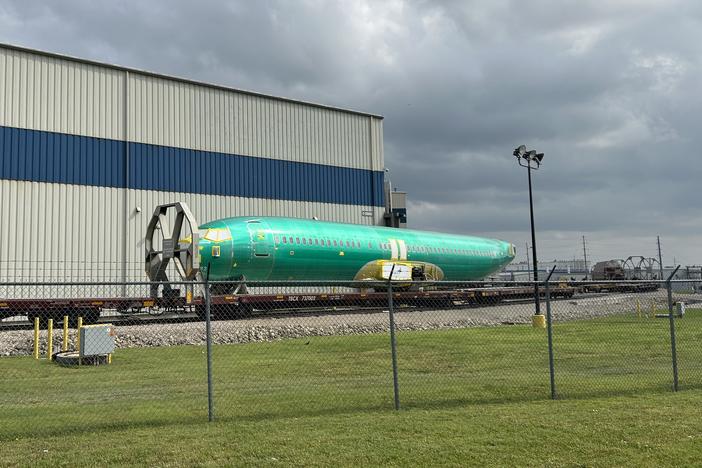  The fuselage of a Boeing 737 at the Spirit AeroSystems factory in Wichita, Kan.