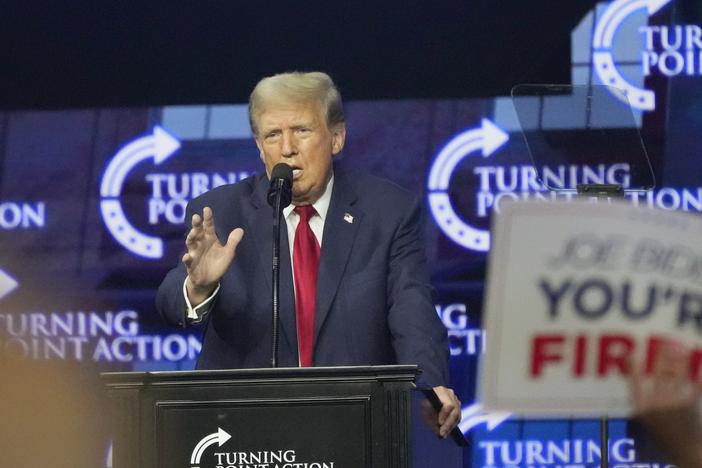 Republican presidential candidate and former President Donald Trump speaks at a campaign event Saturday, June 15, 2024, in Detroit. (AP Photo/Carlos Osorio)