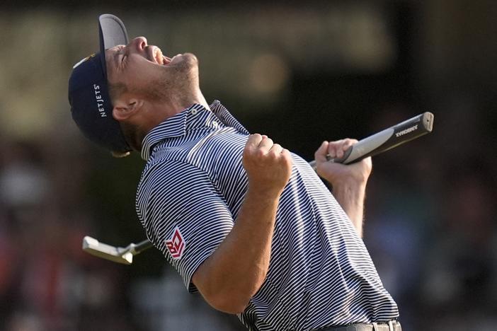 Bryson DeChambeau celebrates after winning the U.S. Open golf tournament on Sunday in Pinehurst, N.C.
