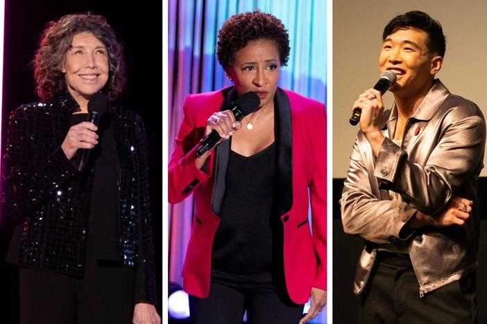 <em>Outstanding: A Comedy Revolution</em> explores the history and current state of LGBTQ comedy — the pioneers, the breakthroughs and the setbacks. Above, Lily Tomlin, left, Wanda Sykes, Joel Kim Booster and Trixie Mattel.