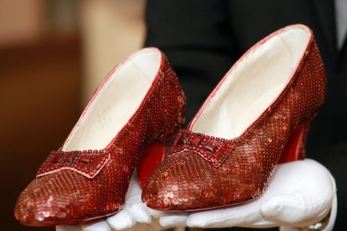 One pair of Dorthy's slippers, worn by Judy Garland in 1939, are displayed at a viewing at the Plaza Athenee on December 5, 2011 in New York City. 