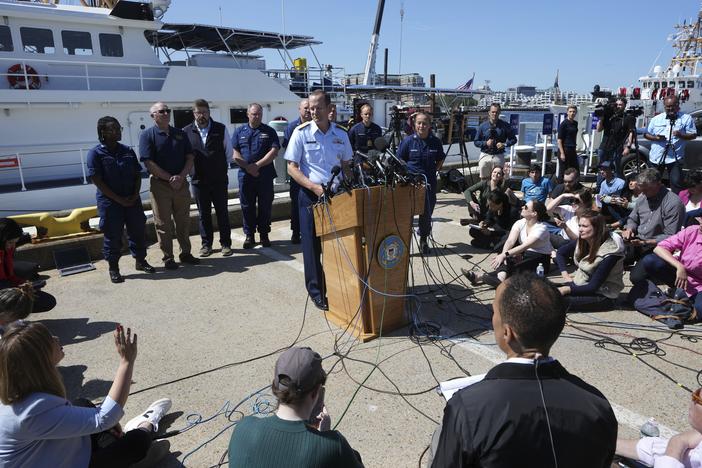 U.S. Coast Guard Rear Adm. John Mauger, commander of the First Coast Guard District talks to the media on June 22, 2023, at Coast Guard Station Boston.