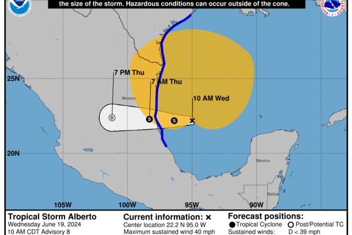 A graphic from the National Hurricane Center shows Alberto's projected path into Mexico and the tropical storm warning spanning Texas' Gulf Coast as a result.