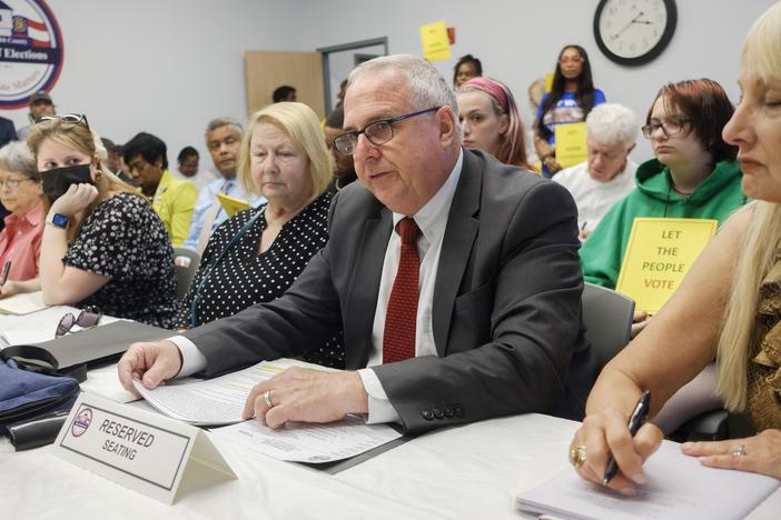 David Sumrall, the head of the Republican Party in Georgia's Bibb County, presents his case to challenge the eligibility of nearly 800 voters at a hearing in Macon in May.
