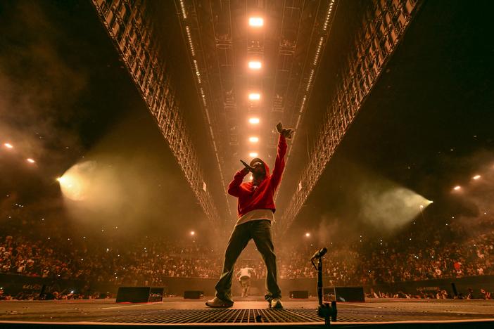 Kendrick Lamar performs during "The Pop Out — Ken & Friends," his June 19 concert event at the Kia Forum in Inglewood, Calif.