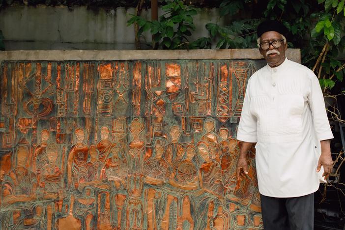 Bruce Onobrakpeya, a towering figure in modernism, in his home/studio in Lagos, Nigeria. At 91, he has his first Smithsonian solo show.