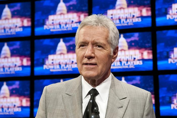 <em>Jeopardy!</em> host Alex Trebek is seen during a 2012 rehearsal. Next month, the U.S. Postal Service is releasing a Forever Stamp honoring Trebek, who died in 2020.
