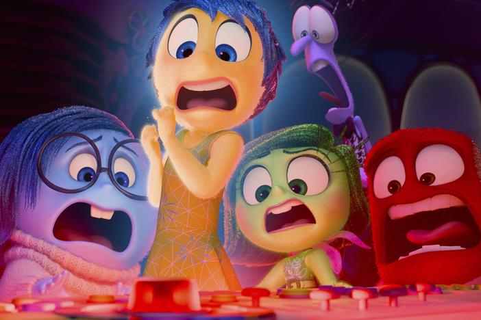 This image released by Disney/Pixar shows, from left, Sadness, voiced by Phyllis Smith, Joy, voiced by Amy Poehler, Disgust, voiced by Liza Lapira, Fear, voiced by Tony Hale and Anger, voiced by Lewis Black, in a scene from <em>Inside Out 2</em>.