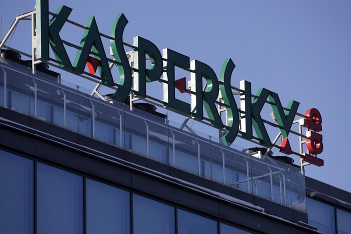 The sign is seen above the headquarters of Kaspersky Lab in Moscow Monday, on Jan. 30, 2017.