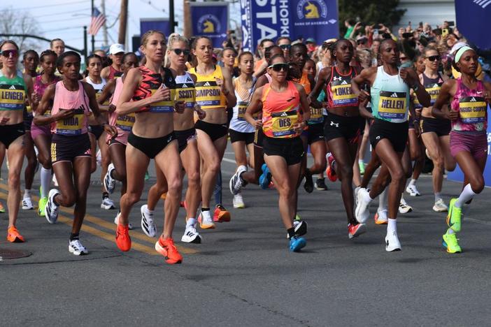 Women runners at the start of the 2024 Boston Marathon. Women couldn't officially compete in this race until 1972.
