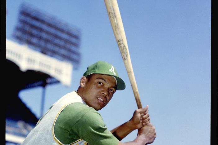 BRONX, NY - 1968: Reggie Jackson of the Oakland Athletics poses an action portrait at Yankee Stadium in Bronx, New York in 1968. (Photo by Louis Requena /MLB via Getty Images)