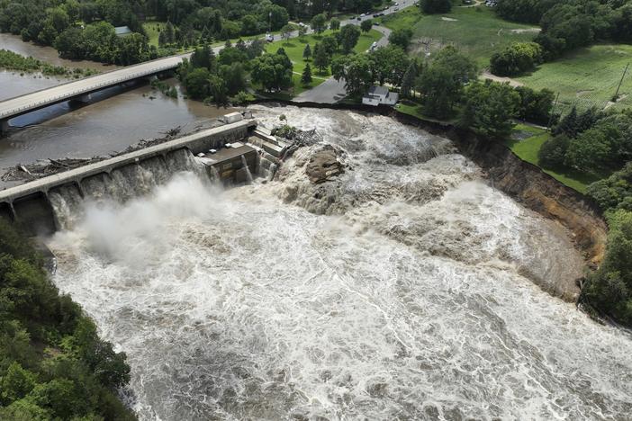 Heavy rains cause high water levels at the Rapidan Dam near Mankato, Minn., on Monday, June 24, 2024. Officials say the dam is threatened with “imminent failure.”