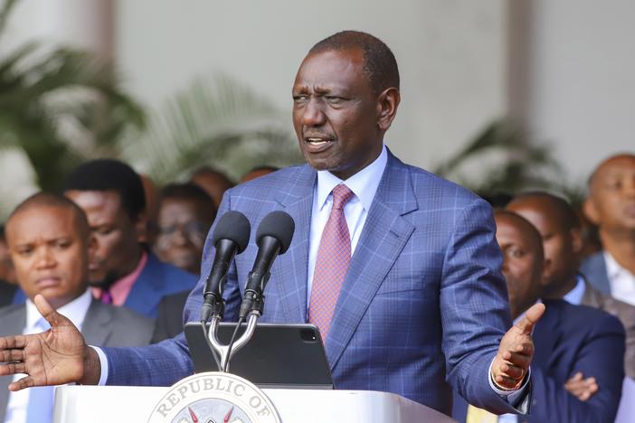 Kenyan President William Ruto gives an address at the State House in Nairobi, Kenya, Wednesday. He said he won't sign into law a finance bill proposing new taxes a day after protesters stormed parliament and several people were shot dead.
