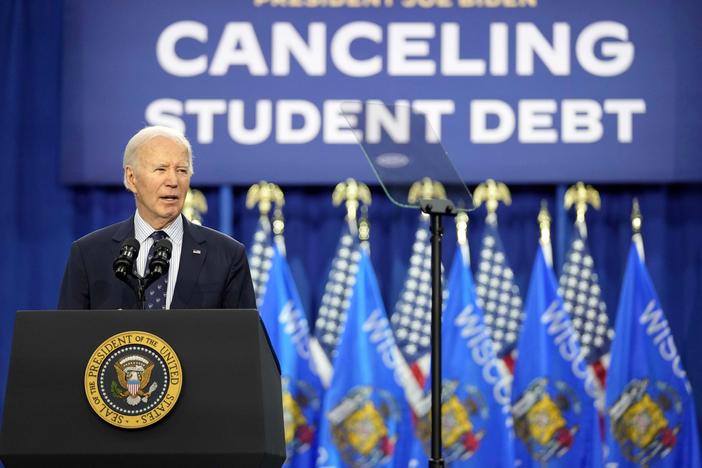 President Biden speaks at an event about canceling student debt, at the Madison Area Technical College Truax campus, April 8, 2024, in Madison, Wis.