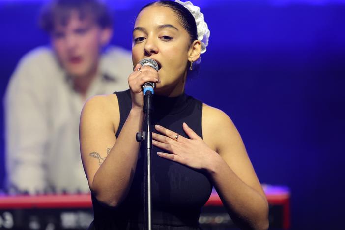 Lily Fontaine from the band English Teacher performs on stage at Albert Hall in Manchester, England.
