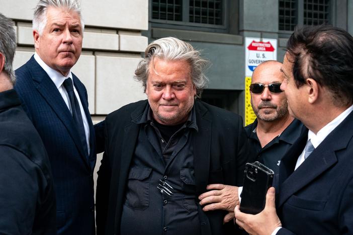 Steve Bannon, former adviser to President Donald Trump, and attorney Matthew Evan Corcoran, depart the E. Barrett Prettyman U.S. Courthouse on June 6, 2024 in Washington, D.C. 
