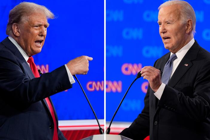 Republican presidential candidate former President Donald Trump, left, and President Joe Biden during a presidential debate hosted by CNN on Thursday in Atlanta. 