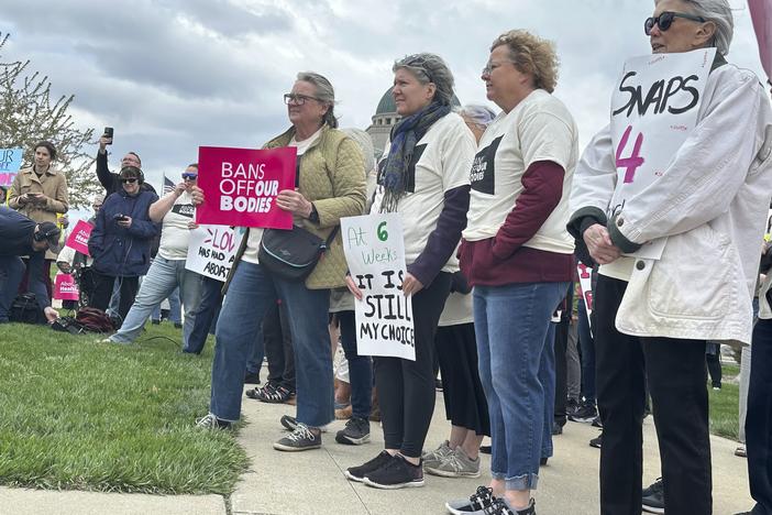 Iowans supporting access to abortion rally on Thursday, April 11, 2024, outside the courthouse in Des Moines, Iowa, where the Iowa Supreme Court heard arguments on the state's restrictive abortion law. The law that bans most abortions after about six weeks of pregnancy. 