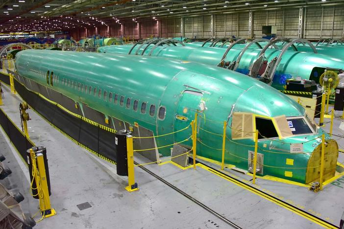 Unfinished fuselages for the Boeing 737 during production at the Spirit AeroSystems factory in Wichita, Kan.